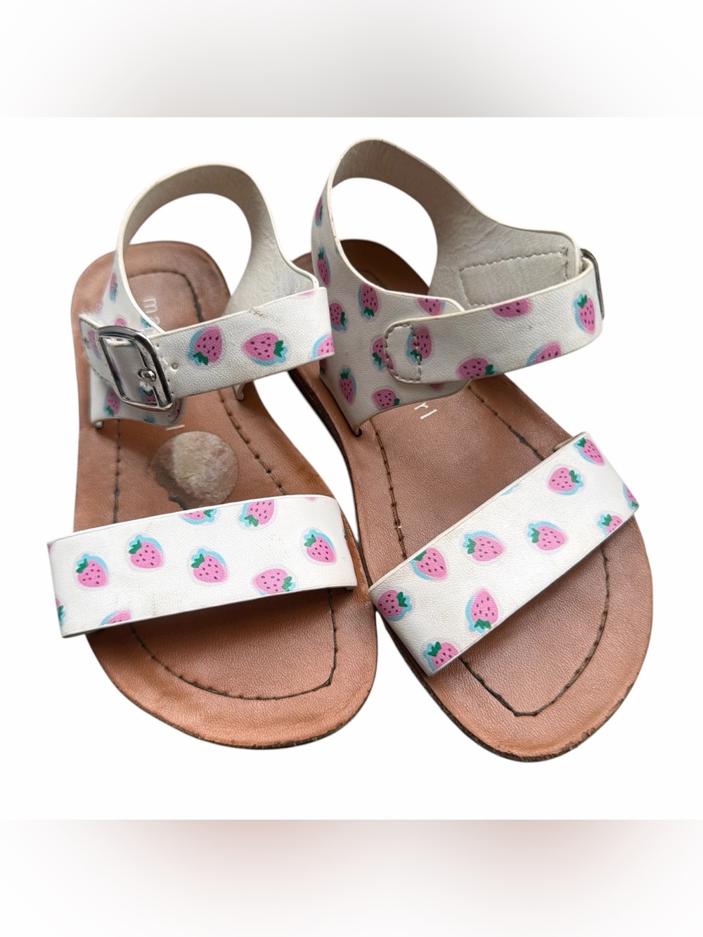Kids White Strawberry Print Adjustable Strap Sandals